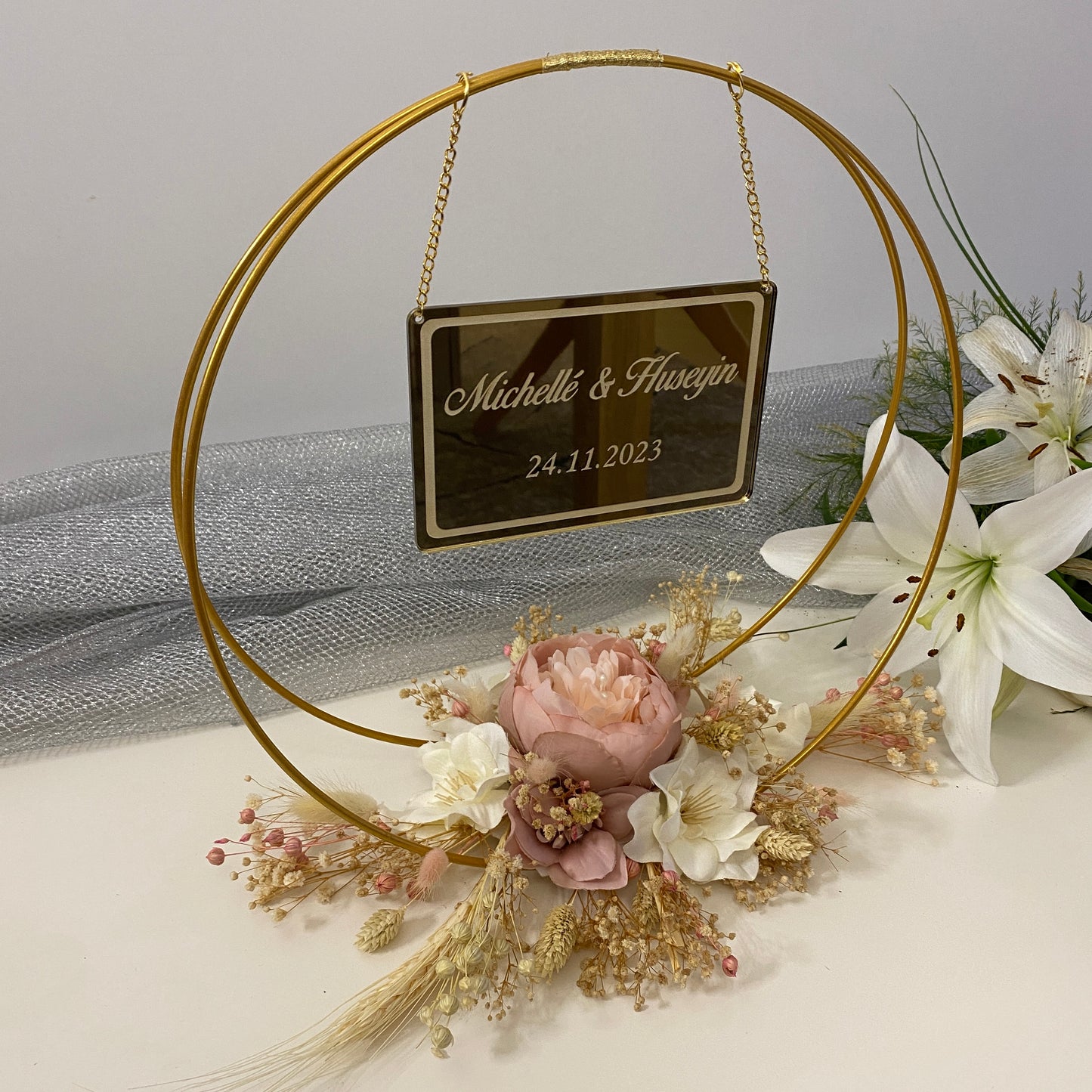 Namensaufsteller mit Trockenblumen Ringe Model 8