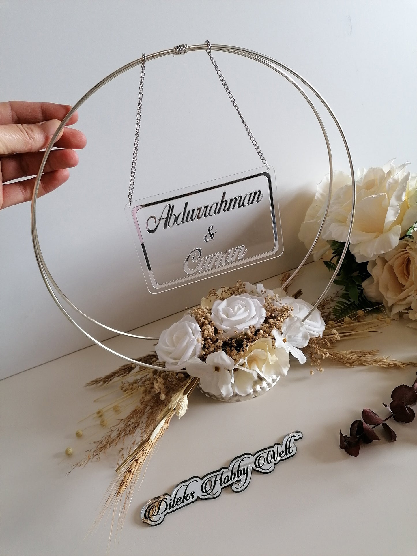 Namensaufsteller mit Trockenblumen Ringe Model 2
