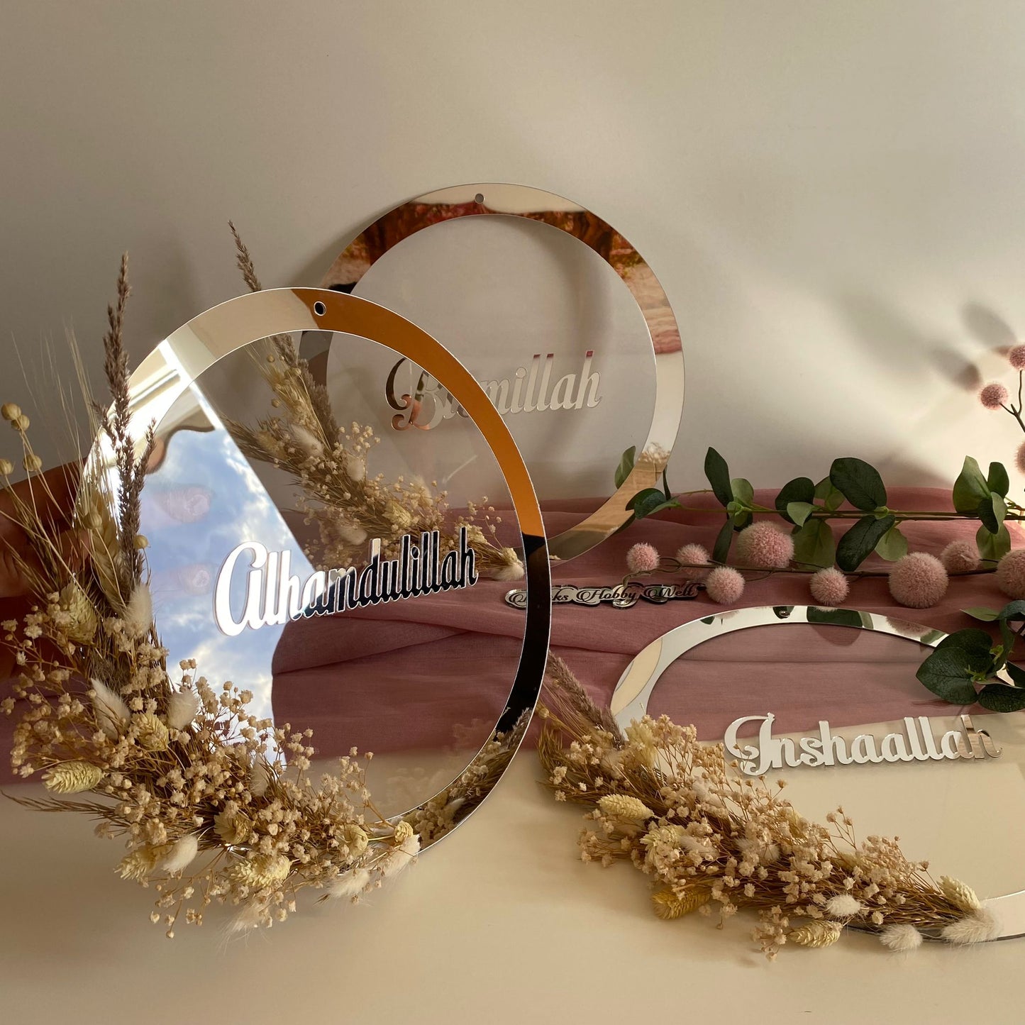 Dua 3'er Set Wand-Deko - Inshaallah, Bismillah, Alhamdulillah - Ring mit Blumen