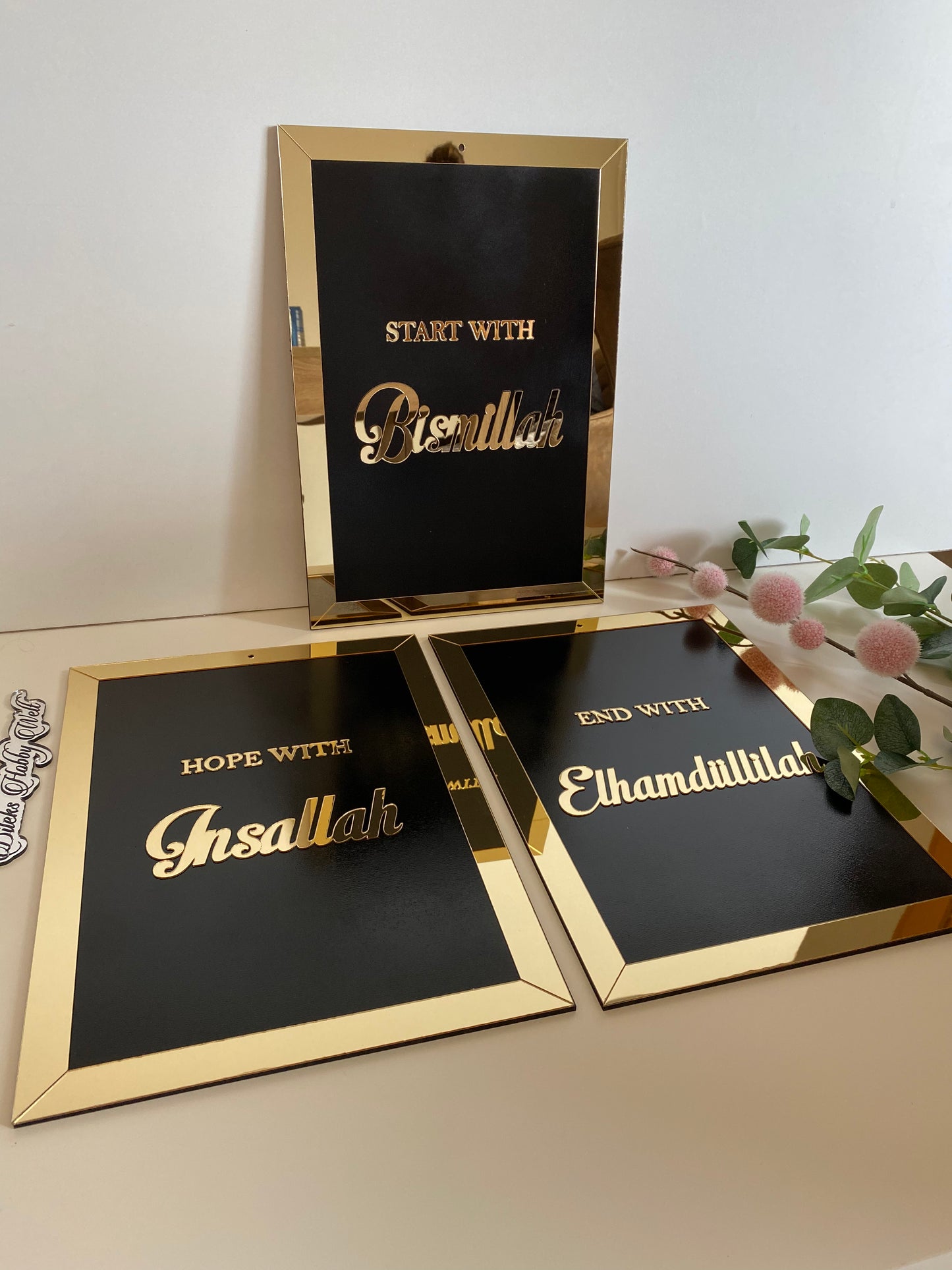 Dua 3'er Set Wand-Deko - Start with Bismillah, Hope with Inshaallah, End with Elhamdüllilah