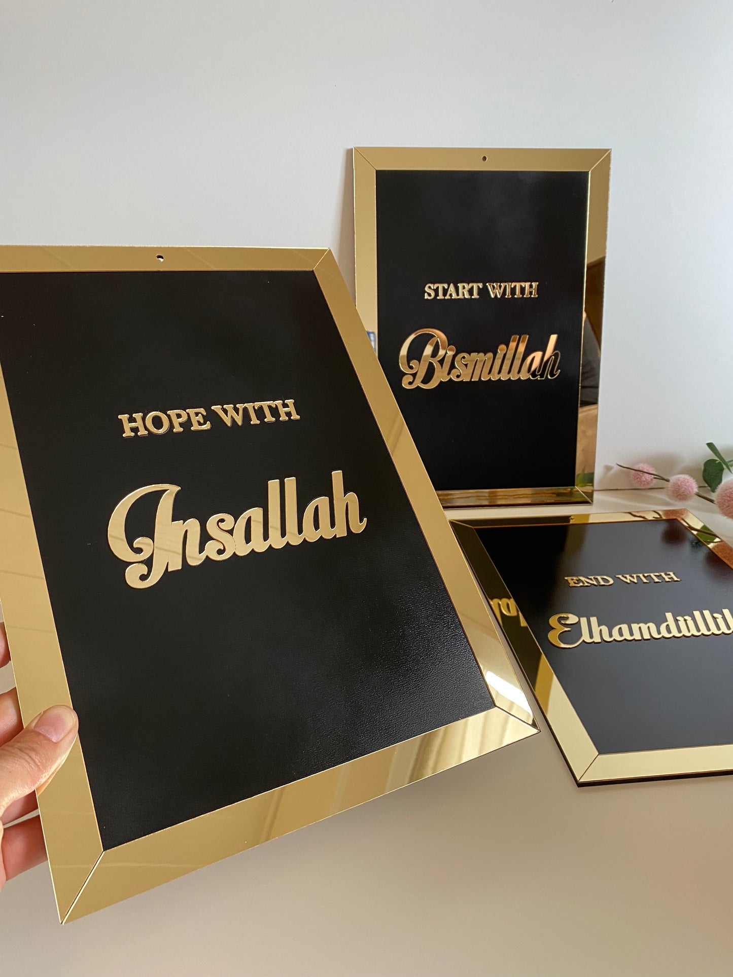 Dua 3'er Set Wand-Deko - Start with Bismillah, Hope with Inshaallah, End with Elhamdüllilah