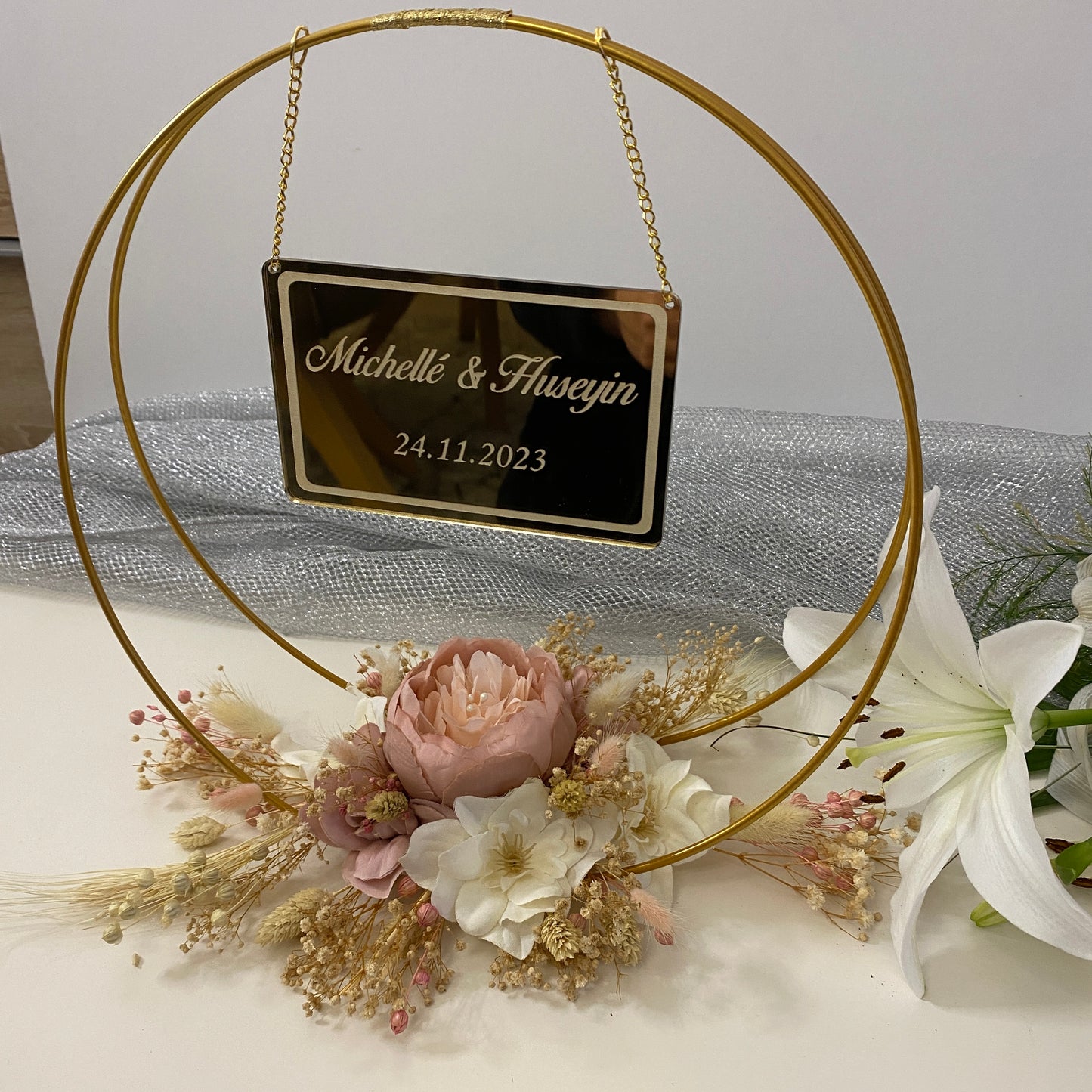 Namensaufsteller mit Trockenblumen Ringe Model 8